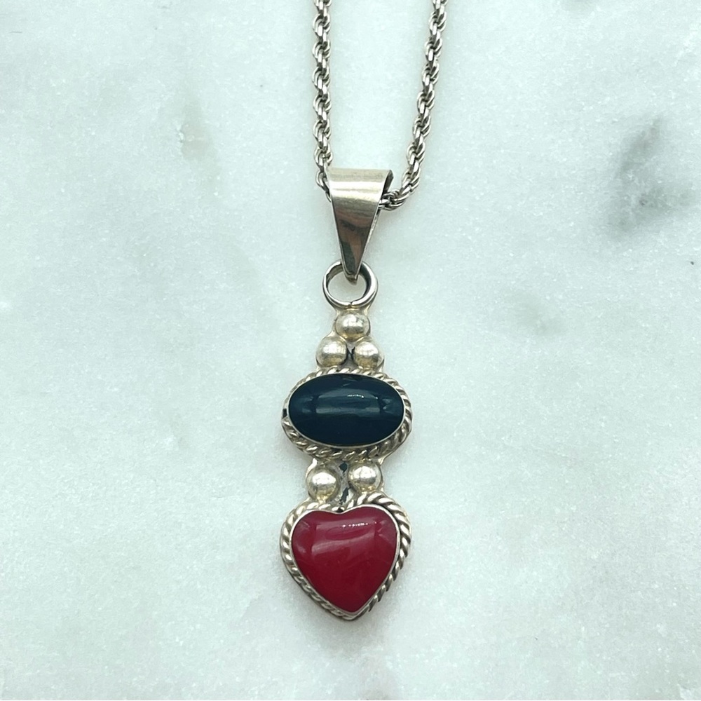 Sterling Silver Heart Pendant Necklace Red & Black Inlay Stone Rope Twist Chain - Picture 11 of 17